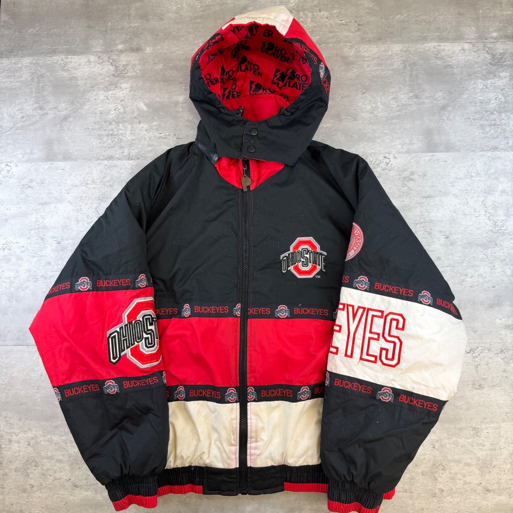 Vintage Pro Layer Ohio State Buckeyes Puffer Jacket XL Black Red Full Zip Hooded